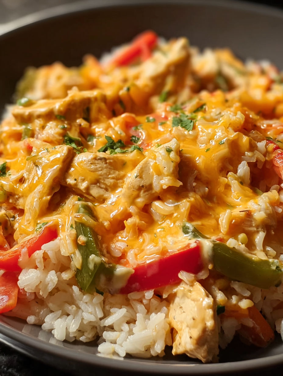 A plate of rice and chicken with cheese on top.