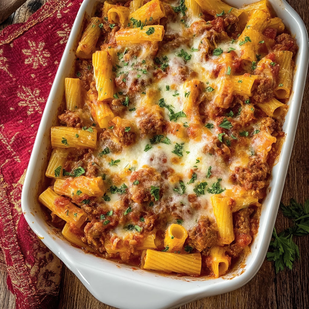 A white bowl filled with baked ziti and sausage.