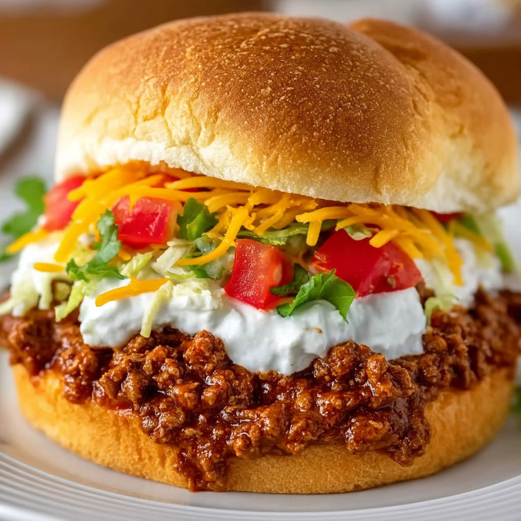 A sloppy joe sandwich with lettuce and tomato.