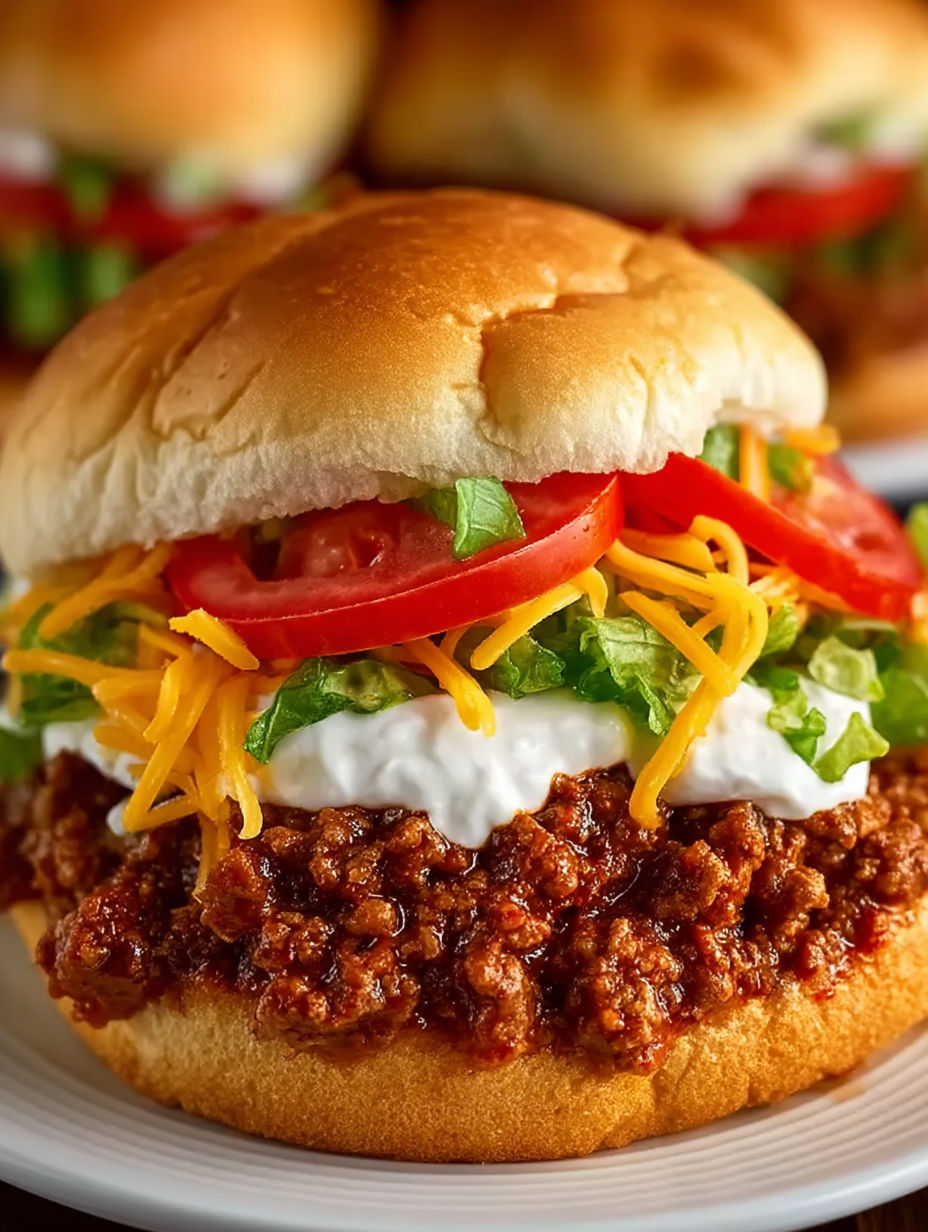 A sloppy joe sandwich with lettuce and tomato.