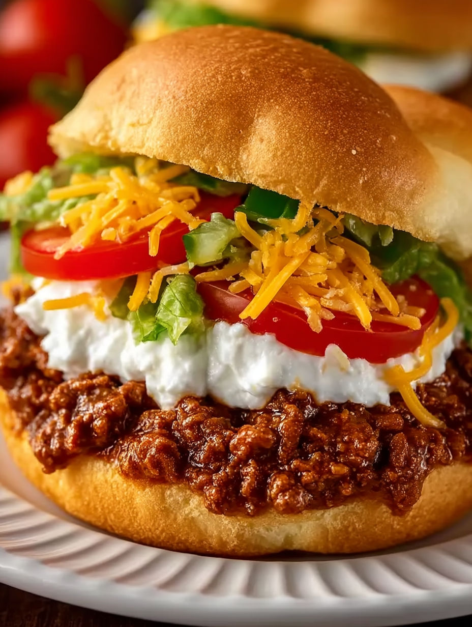 A sloppy joe sandwich with lettuce and cheese.