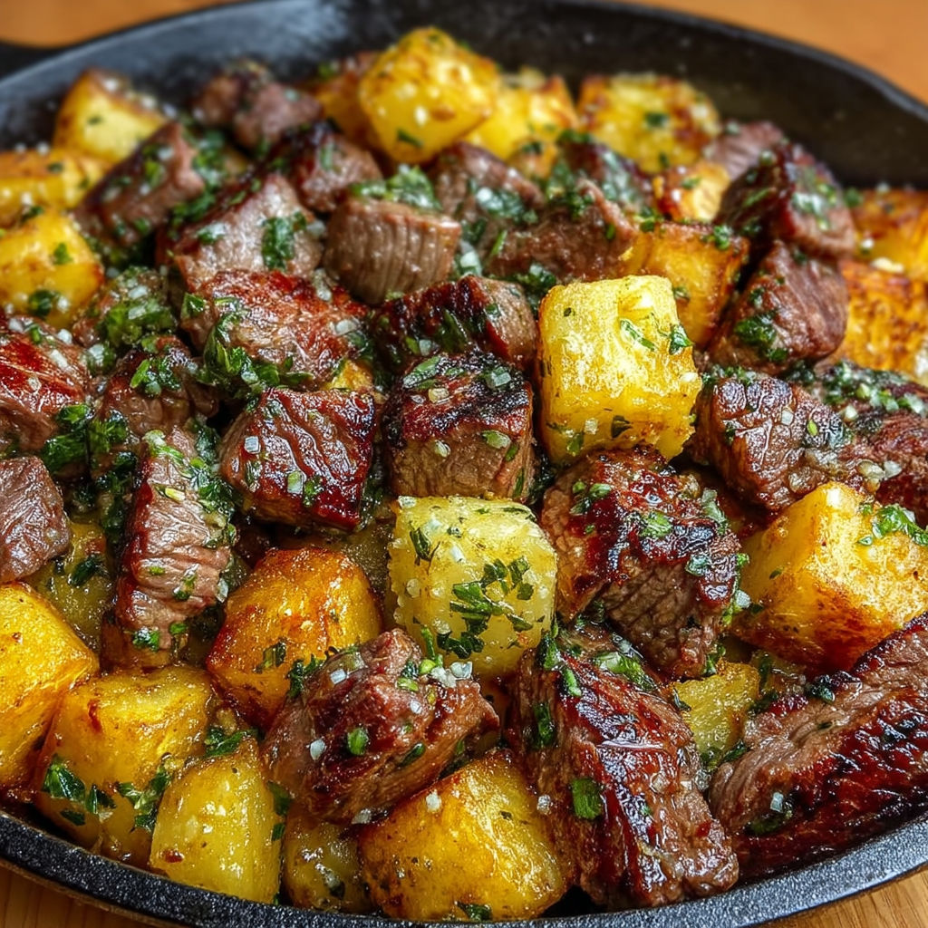 A pan of garlic butter steak bites and potatoes.