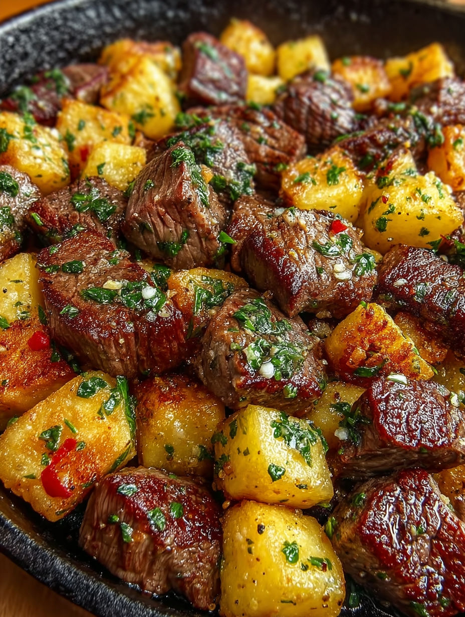 A close up of a delicious meal of garlic butter steak bites and potatoes.