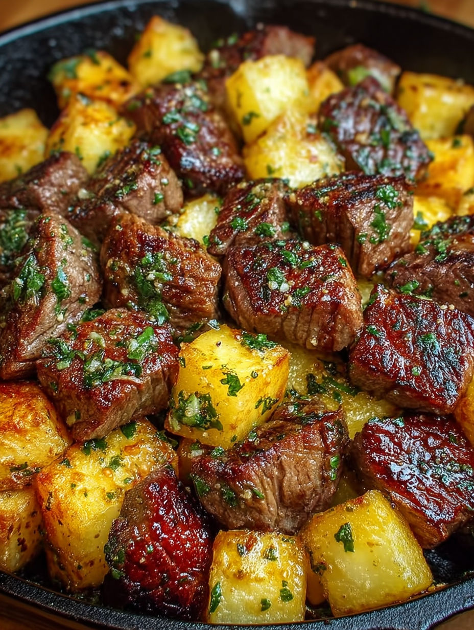 A close up of a delicious meal of garlic butter steak bites and potatoes.