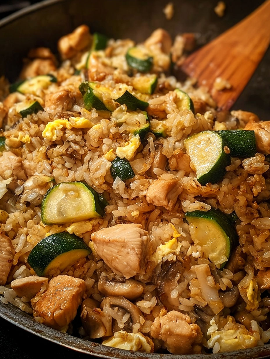 A dish of rice with chicken and vegetables.