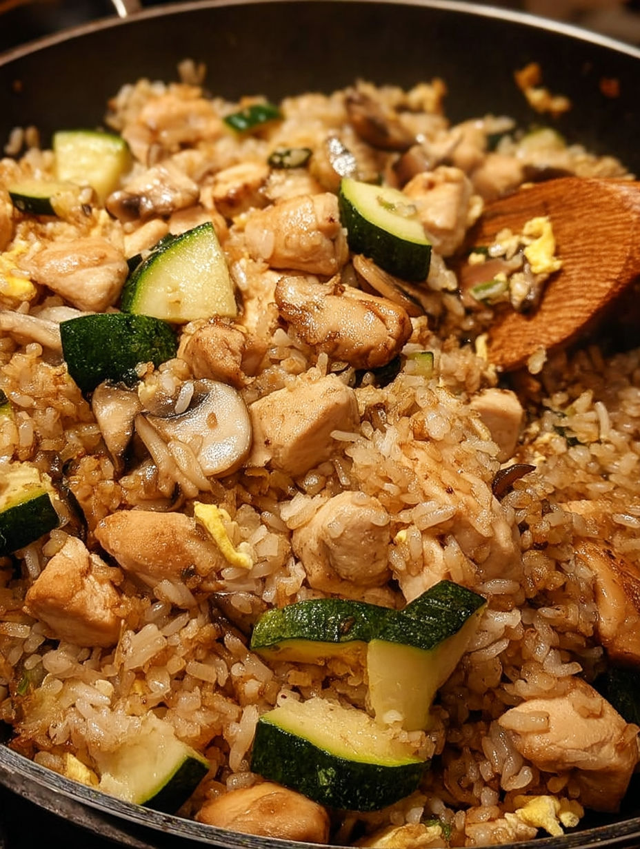 A plate of chicken fried rice with vegetables.