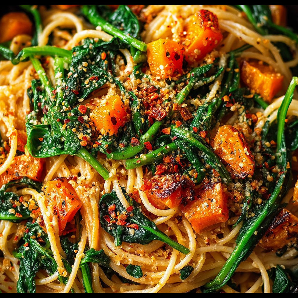 A dish of spaghetti with pumpkin, spinach and walnuts.