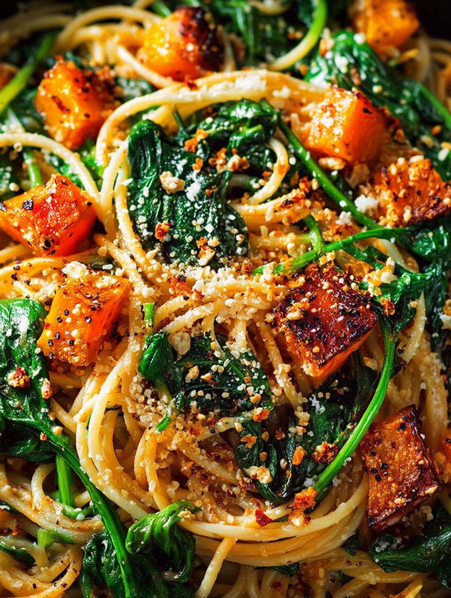 A dish of spaghetti with pumpkin, spinach and walnuts.