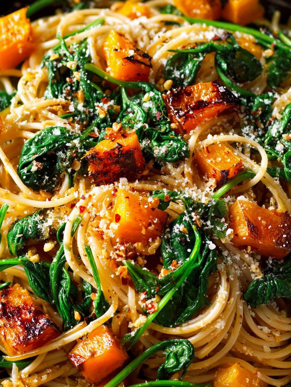 A dish of spaghetti with pumpkin, spinach and walnuts.