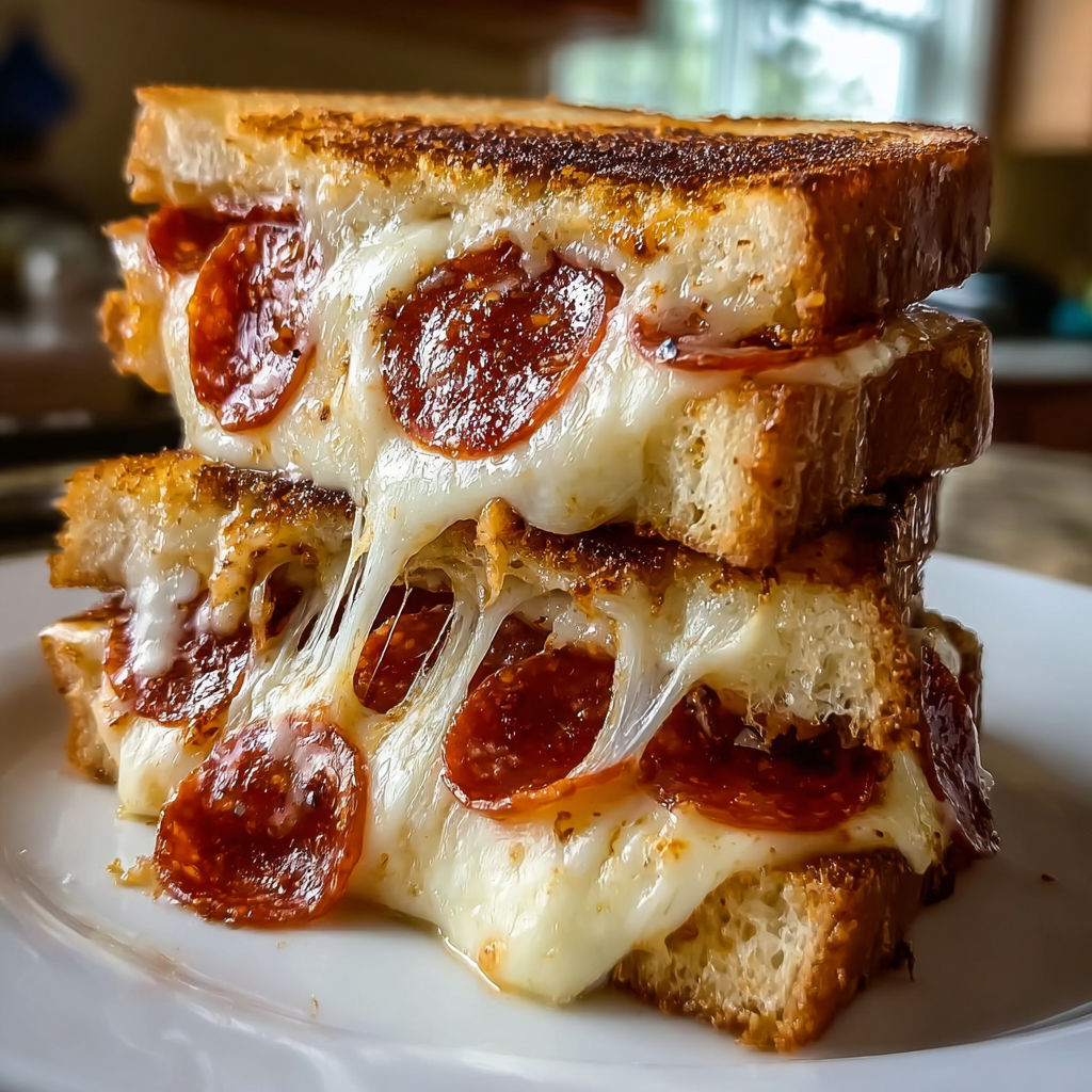 A stack of grilled cheese sandwiches with pepperoni.