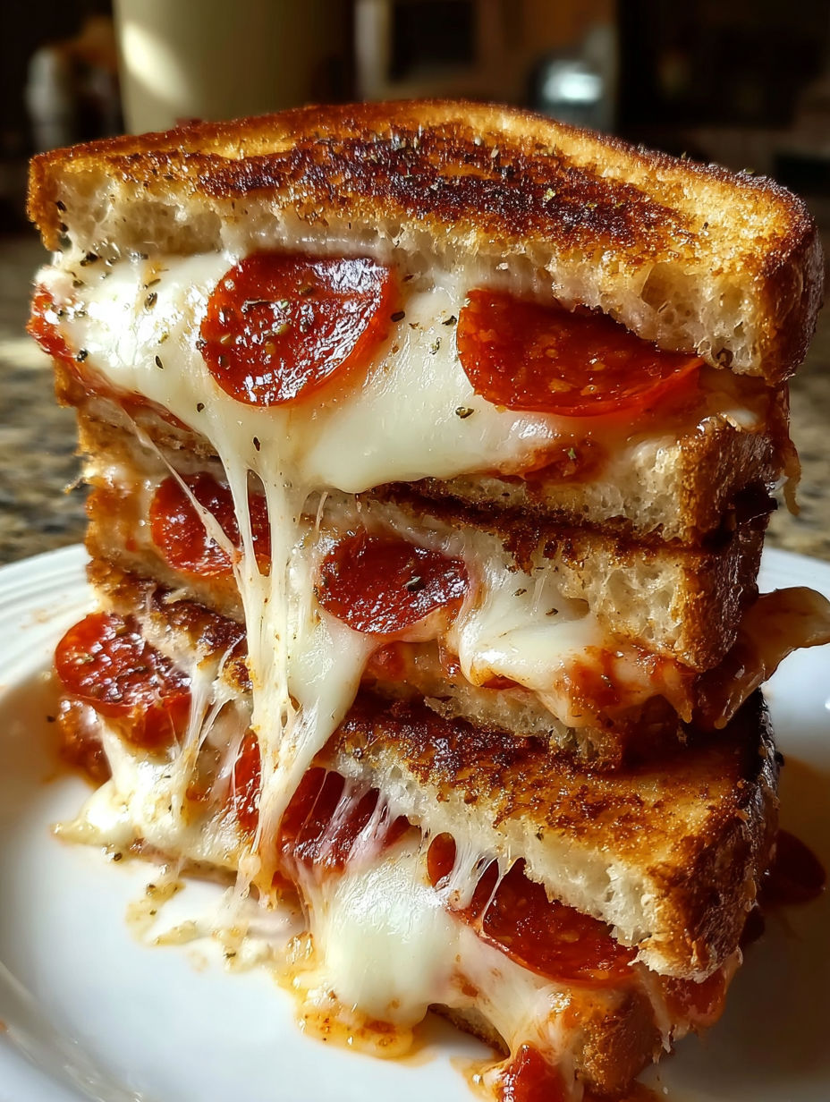 A stack of grilled cheese sandwiches with pepperoni.