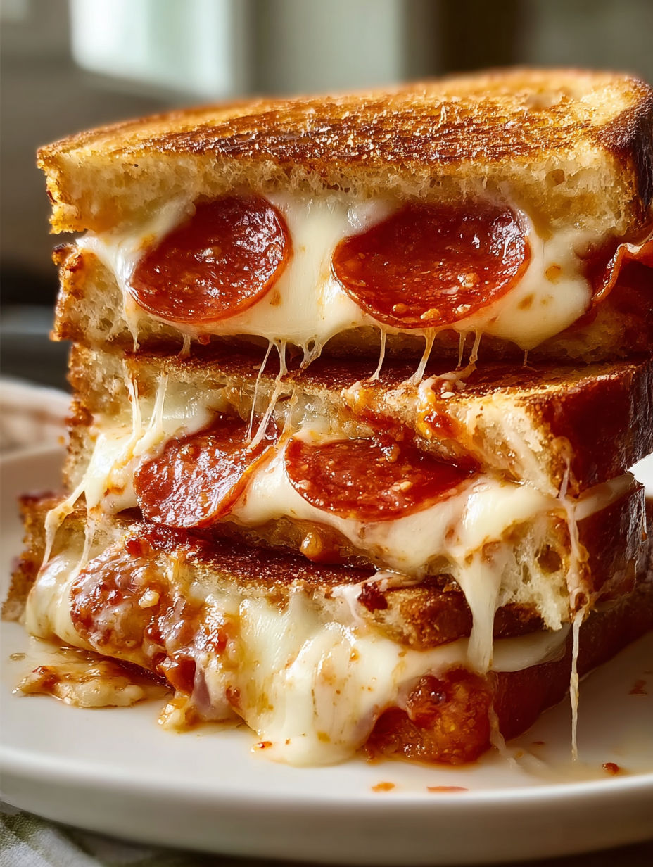 A grilled cheese sandwich with pepperoni on top.