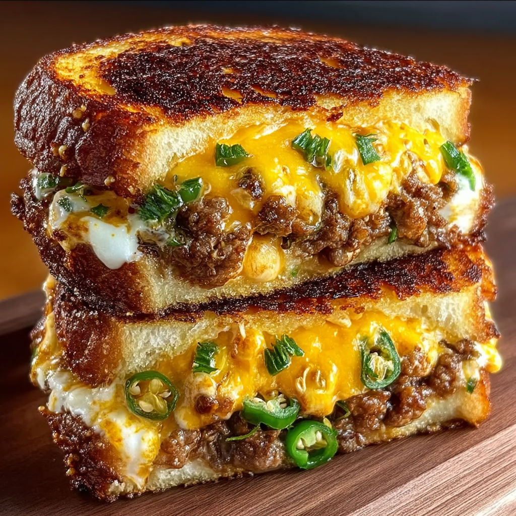 A jalapeno popper patty melt on a wooden table.