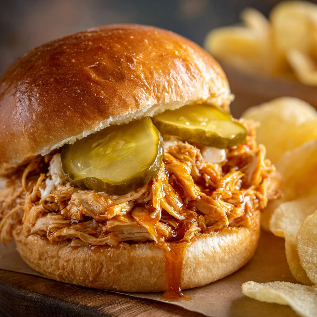A sandwich with a pickle on top and a crock pot shredded Nashville hot chicken.
