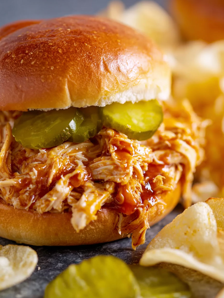 A crock pot shredded Nashville hot chicken sandwich.