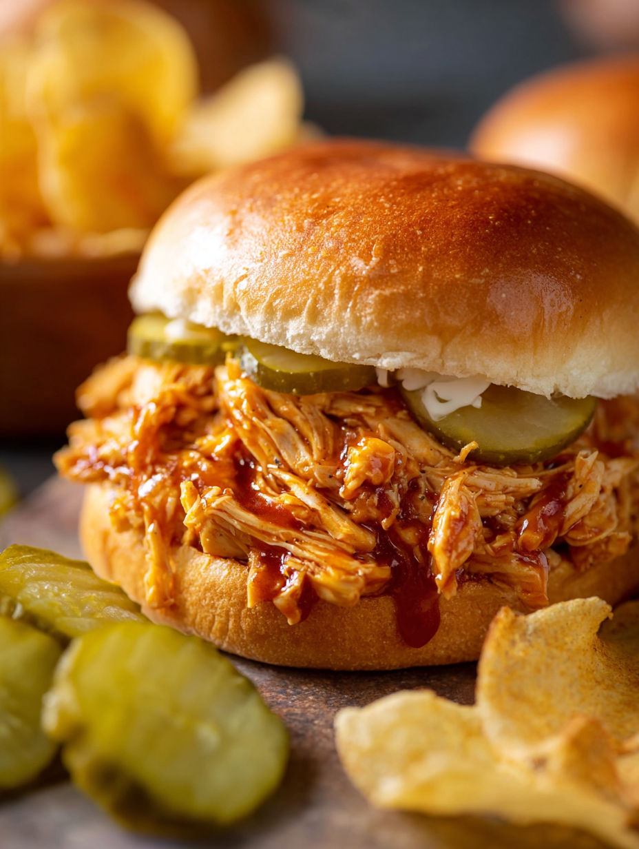 A crock pot shredded Nashville hot chicken sandwich.