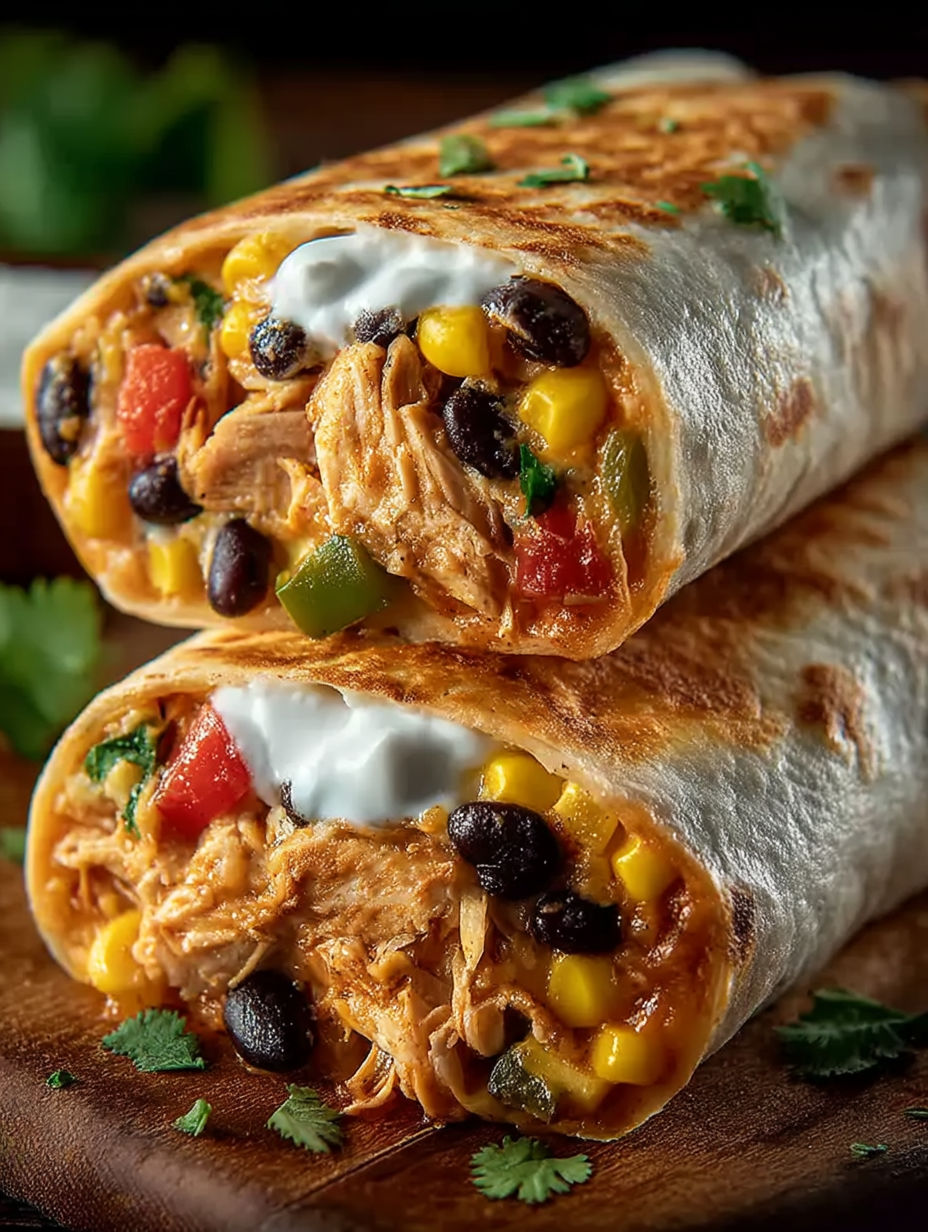 Two burritos filled with chicken and vegetables.