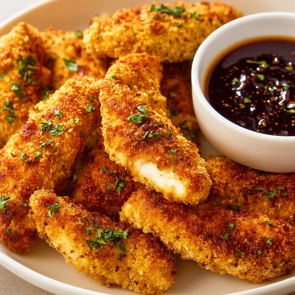 A plate of baked chicken tenders with a dipping sauce.