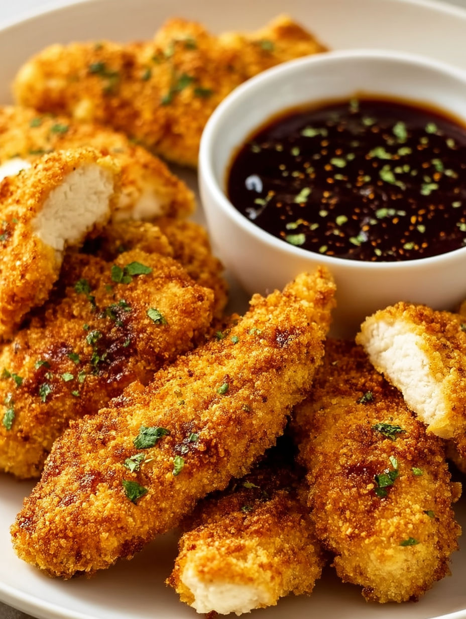 A plate of breaded chicken with a bowl of sauce.