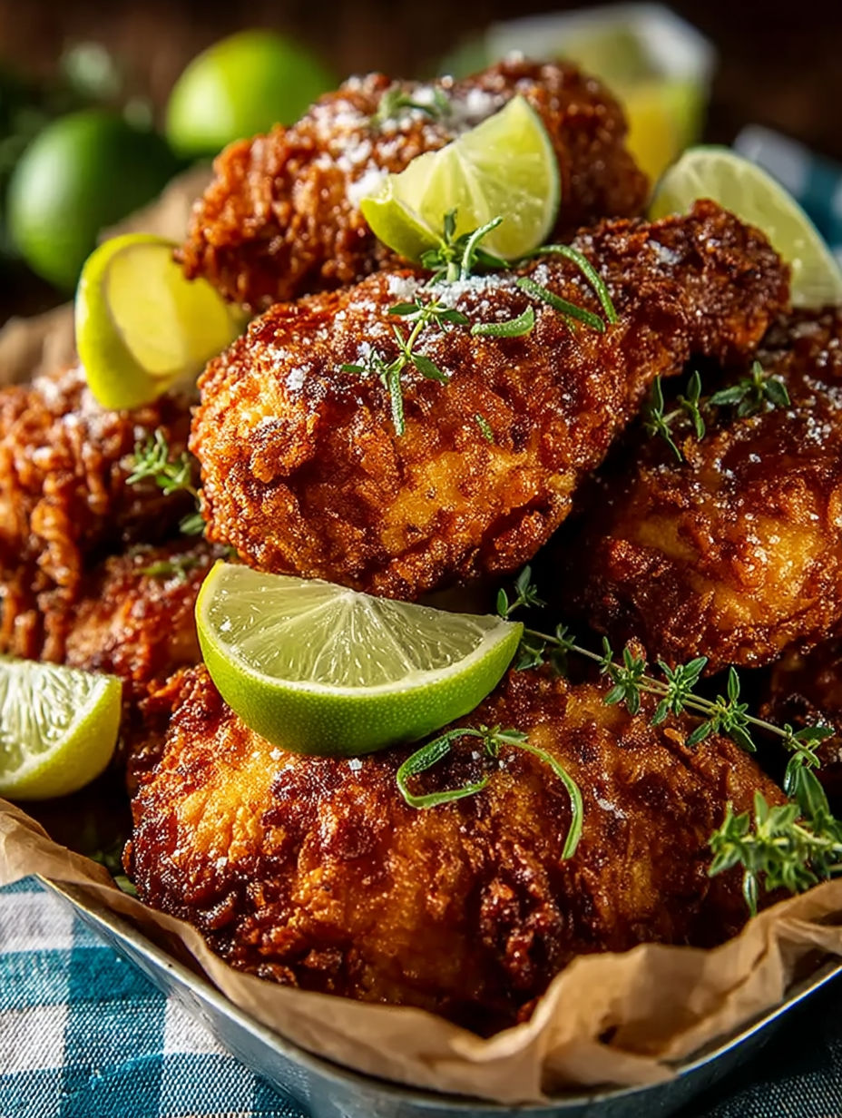 A plate of chicken with limes on top.