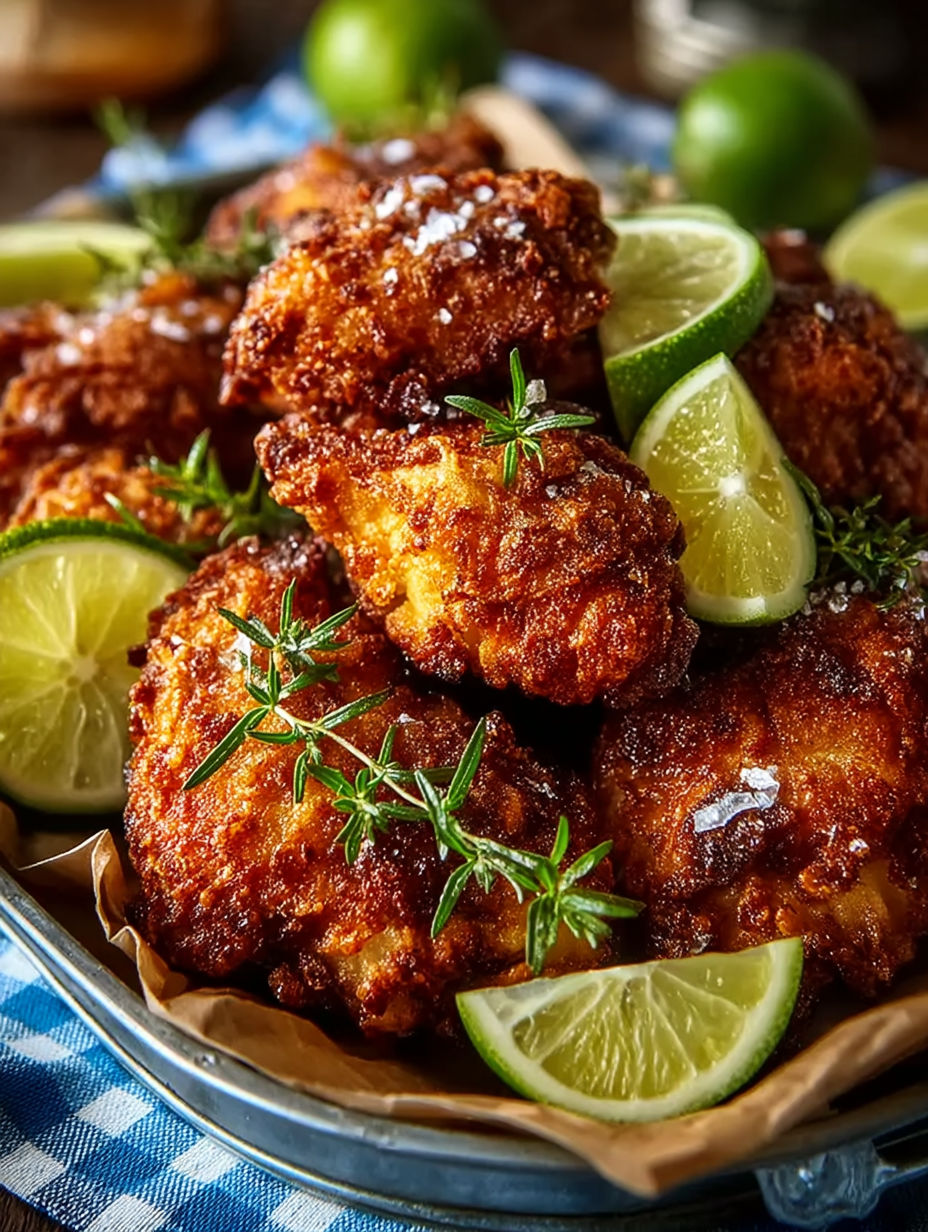 A plate of chicken with limes and herbs on top.