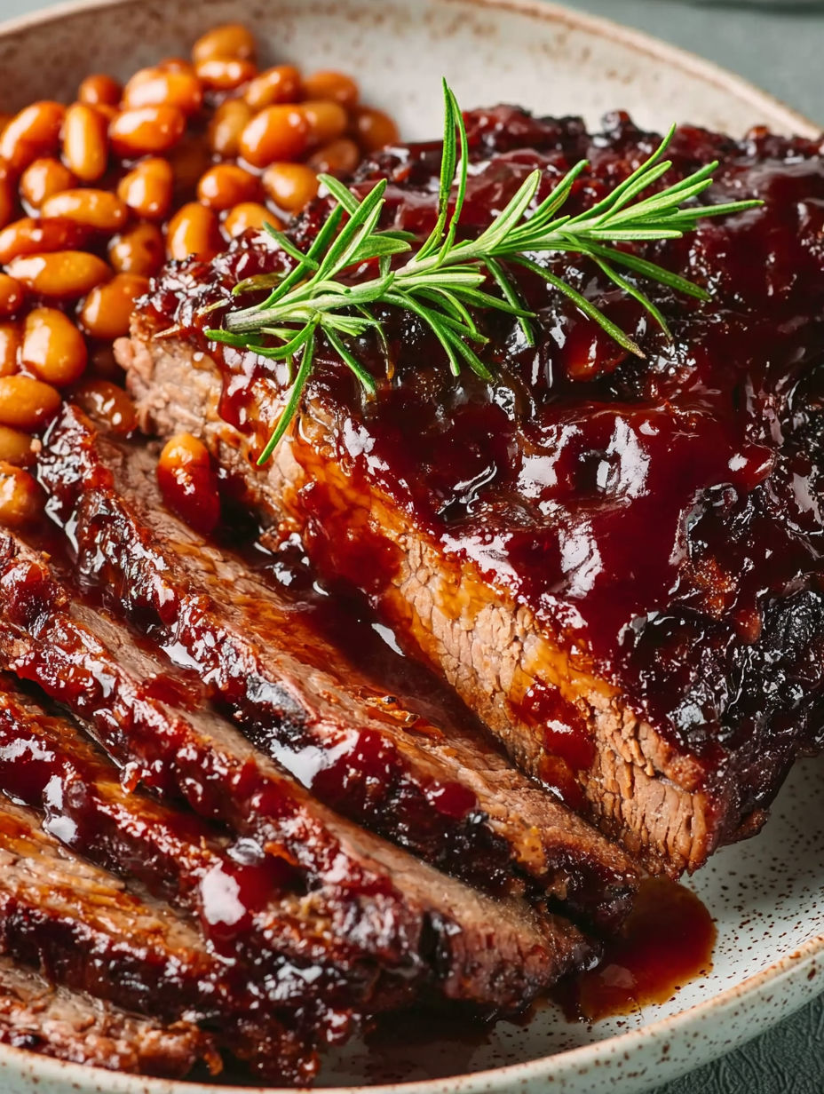 A piece of beef brisket with BBQ sauce on it.