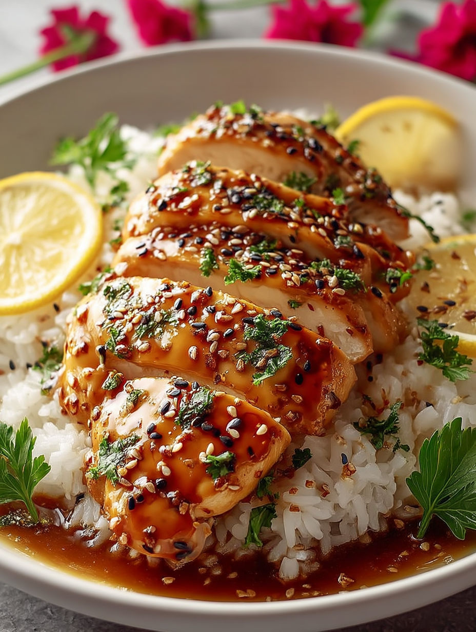 A plate of food with rice and chicken.