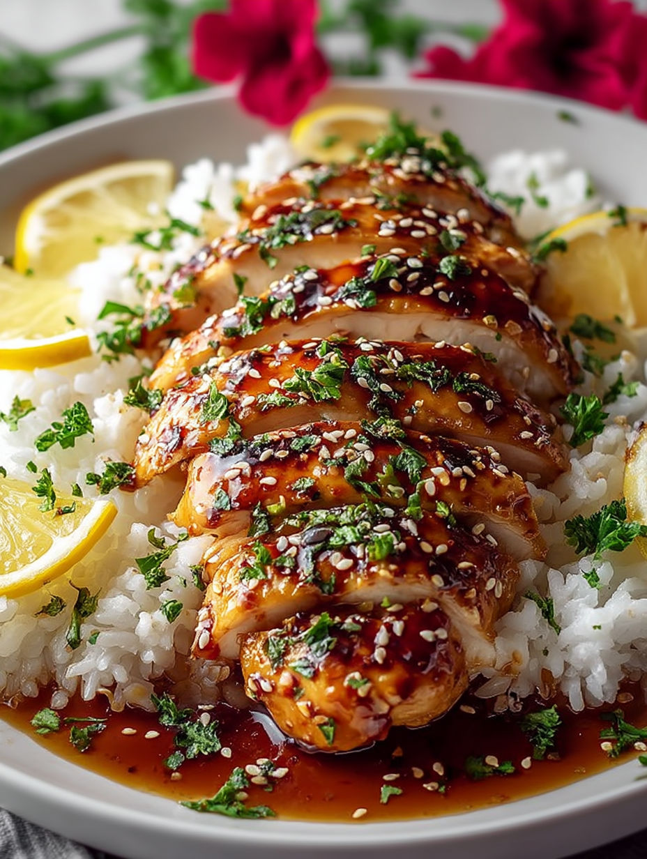 A plate of food with chicken and rice.