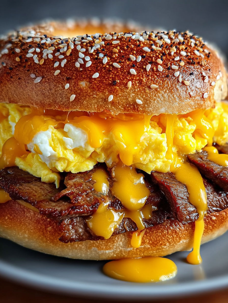 A sandwich with eggs, cheese, and meat.