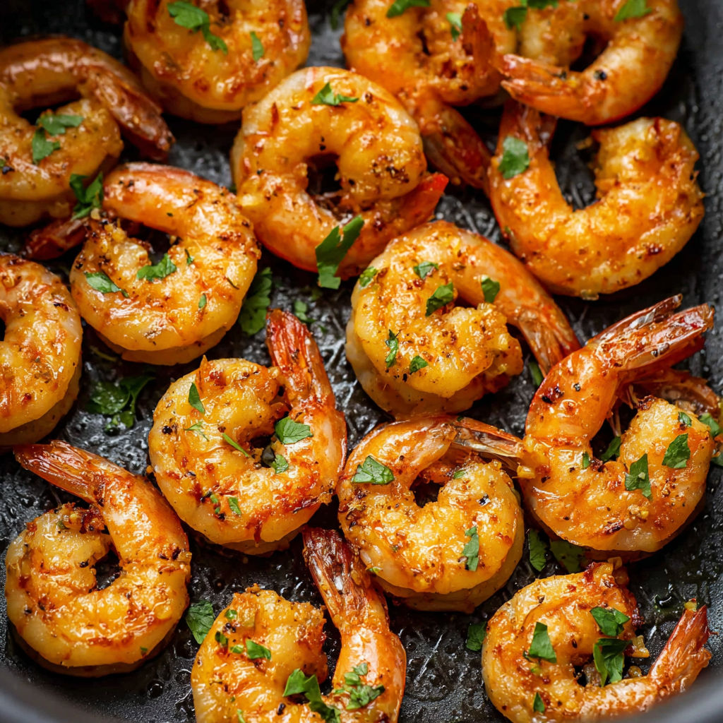 A pan of shrimp with green herbs on top.