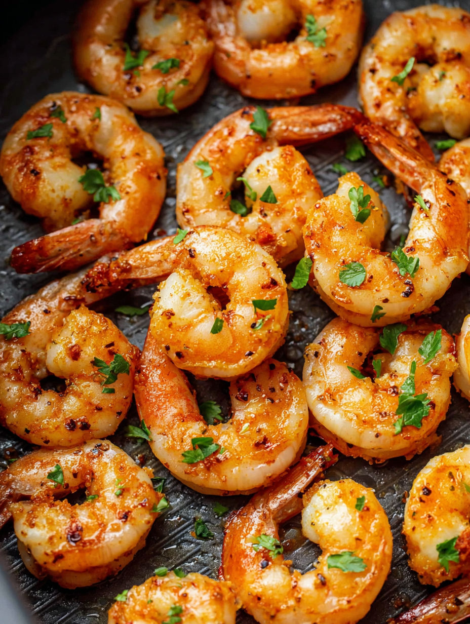 Air fryer shrimp on a black surface.