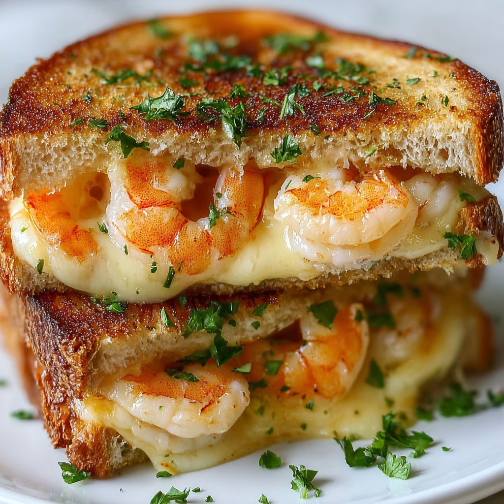 A cheesy garlic bread sandwich with shrimp on top.