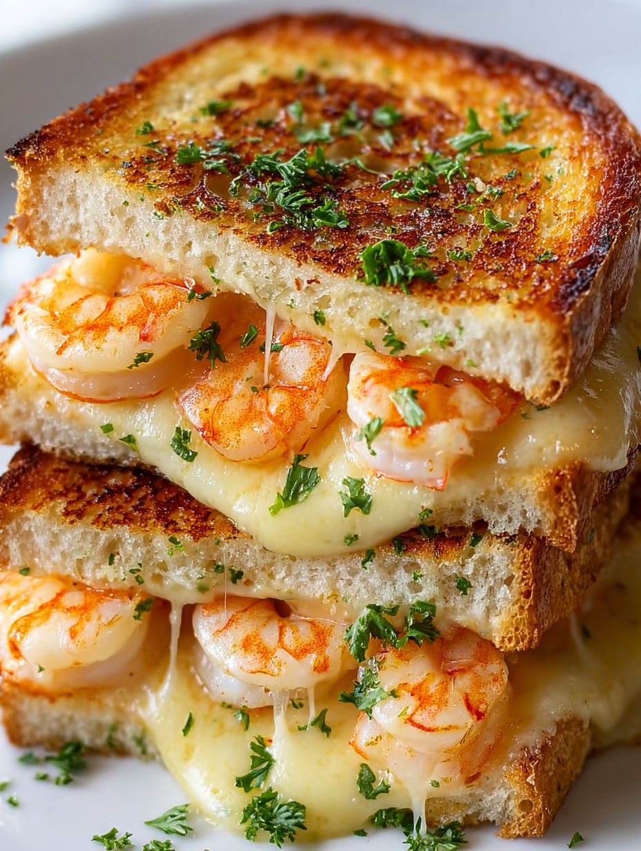 A stack of grilled cheese sandwiches with shrimp.