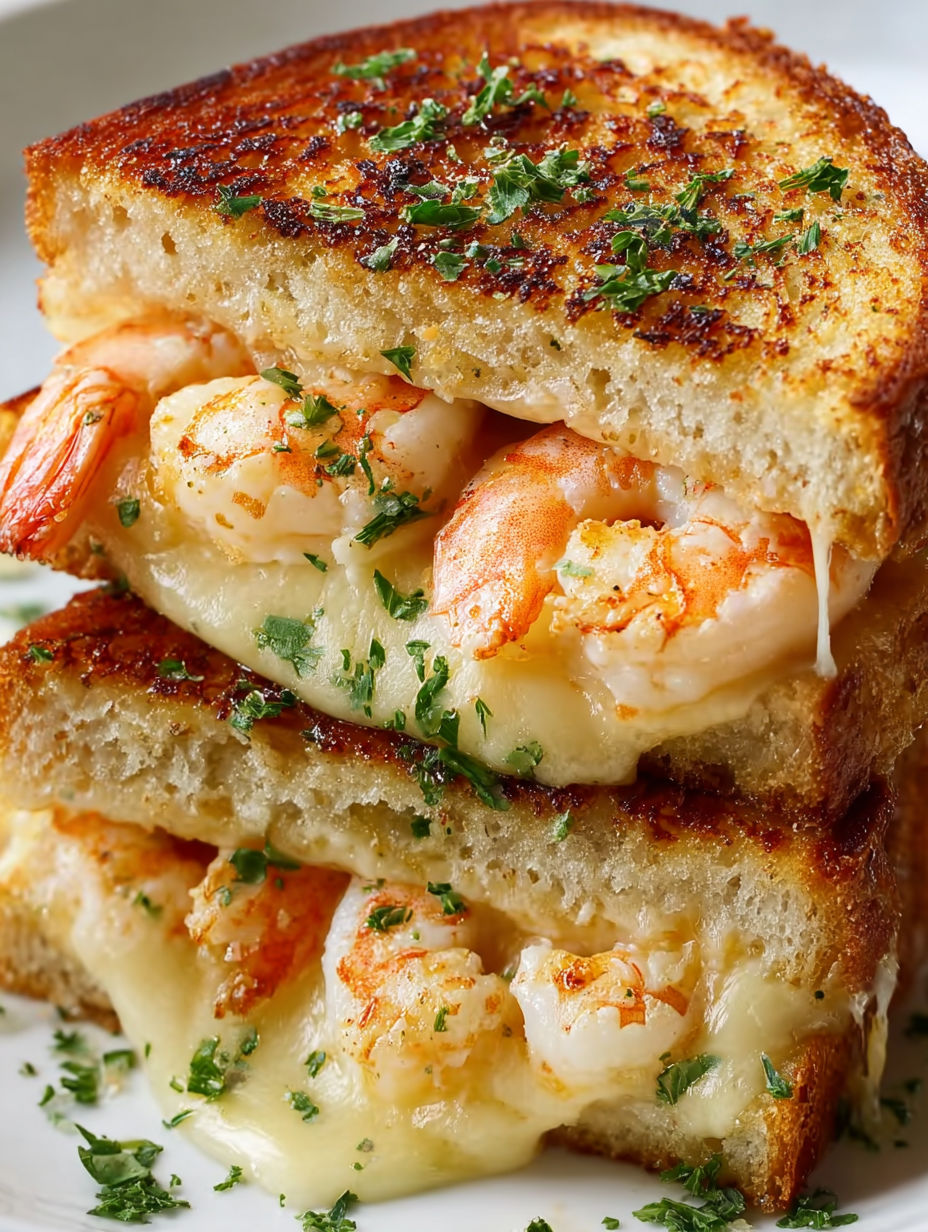 A stack of garlic bread with shrimp on top.