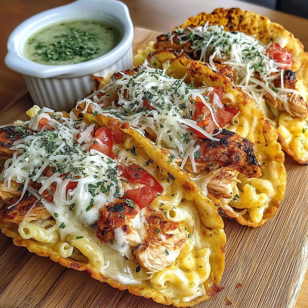 Two chicken alfredo tacos on a wooden table.