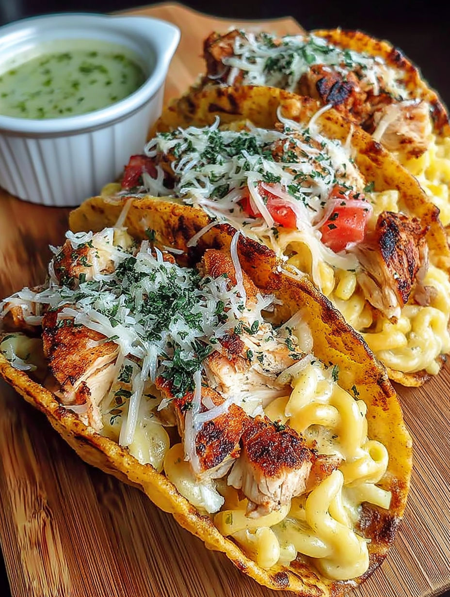 A plate of chicken alfredo tacos.