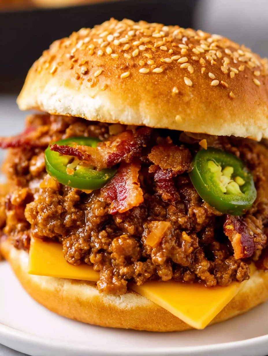 A close up of a sloppy joe sandwich with jalapenos.