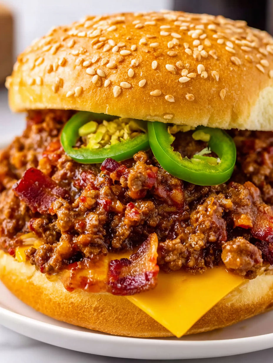 A sloppy joe sandwich with jalapenos on top.