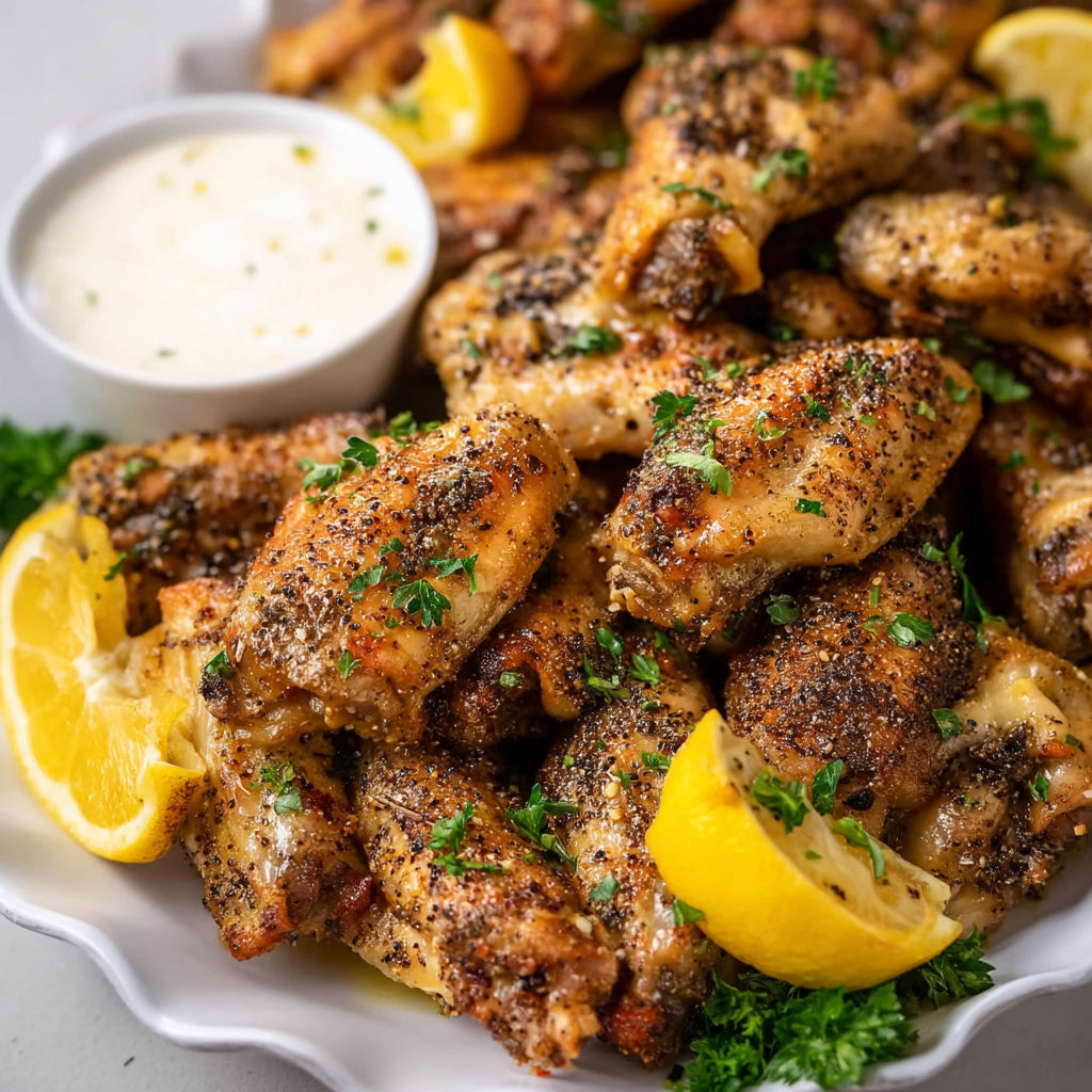 A plate of chicken wings with lemon and pepper seasoning.