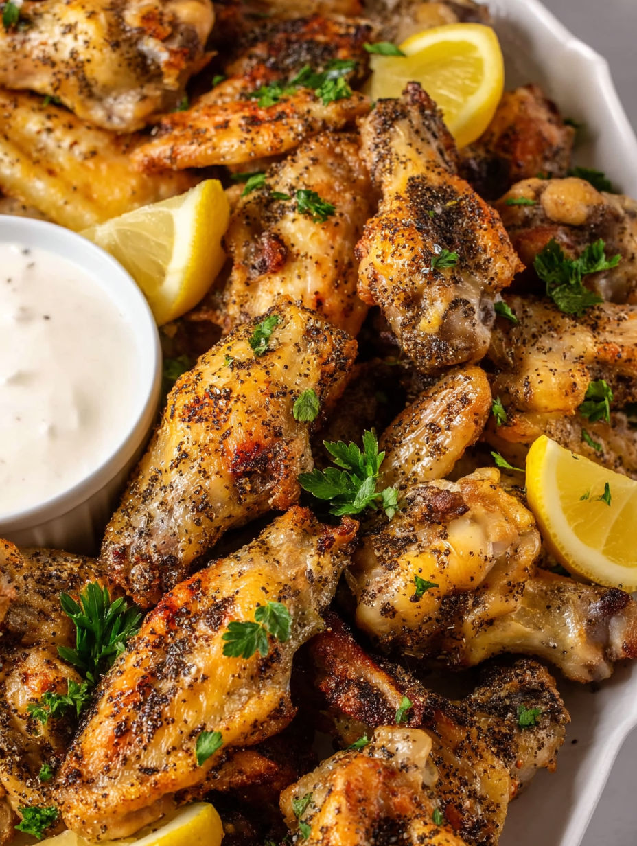 A plate of chicken wings with lemon and pepper seasoning.