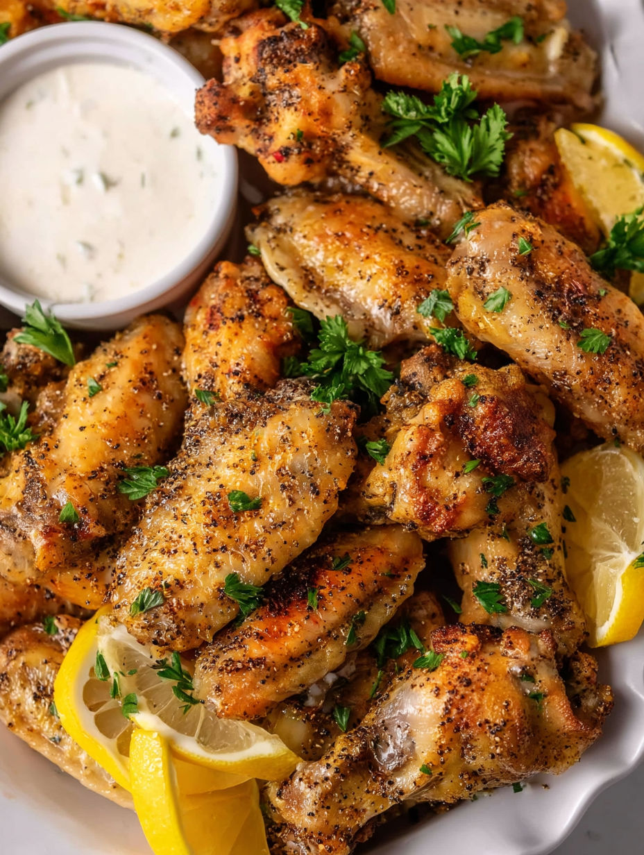 A plate of chicken wings with lemon and herbs.
