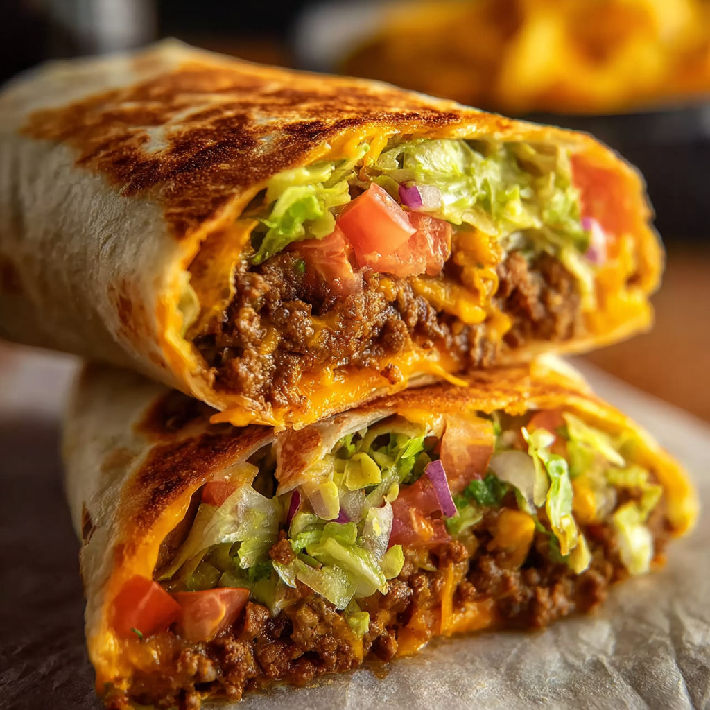 A beefy nacho cheese wrap with lettuce and tomatoes.