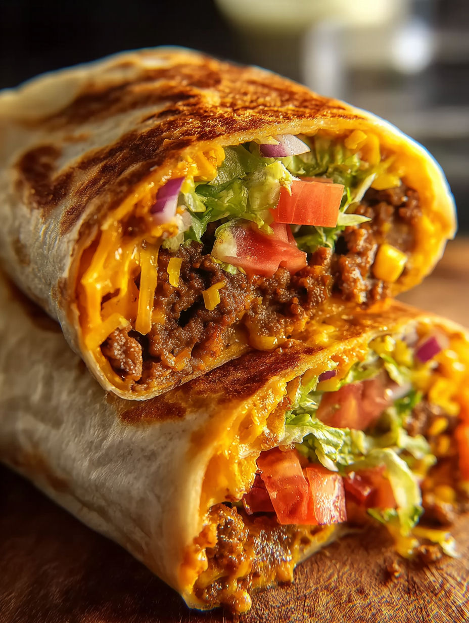 A beefy nacho cheese wrap with lettuce and tomatoes.