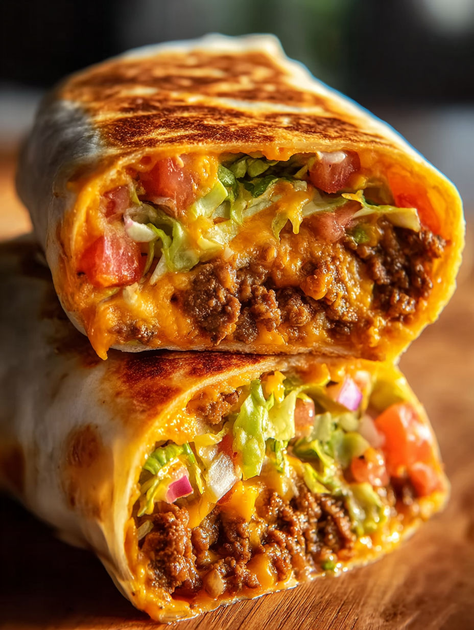 A beefy nacho cheese wrap with lettuce and tomatoes.