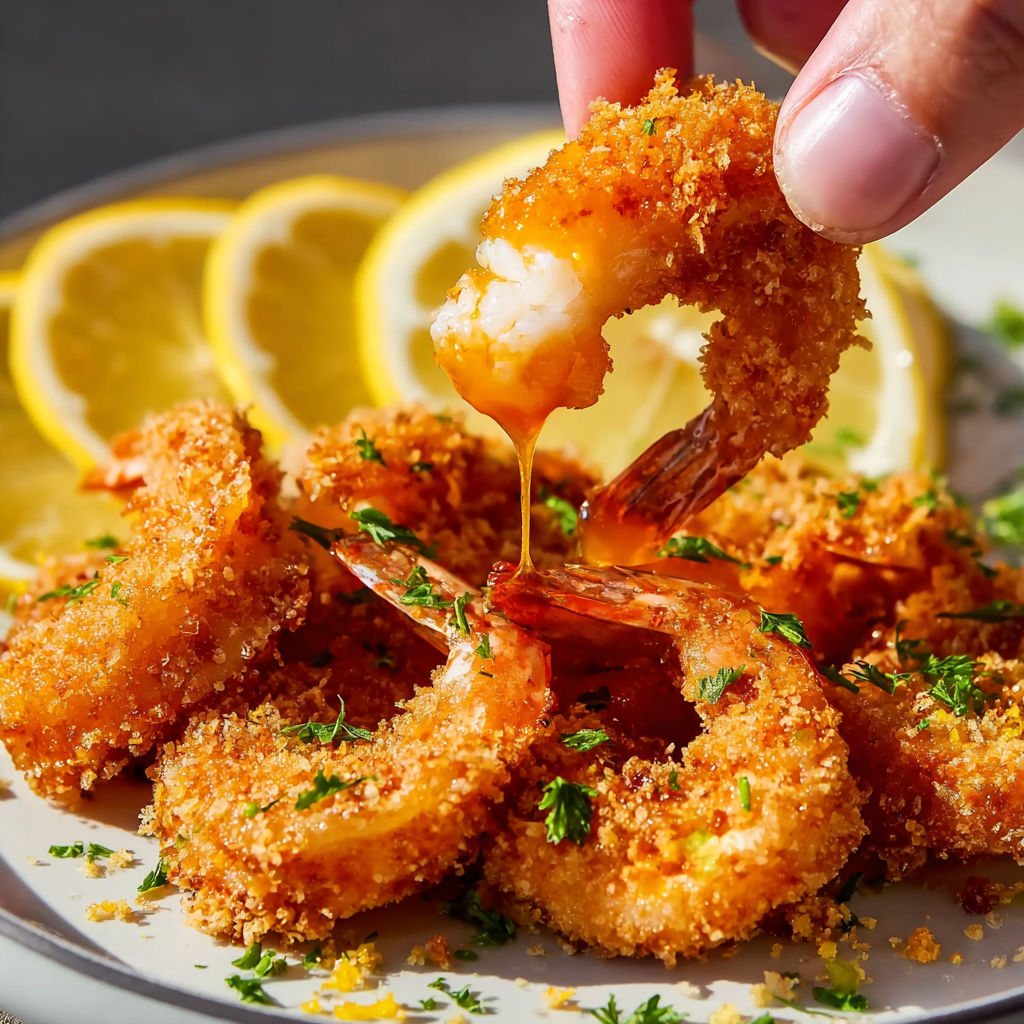 A person is holding a piece of shrimp with a lemon wedge on it.