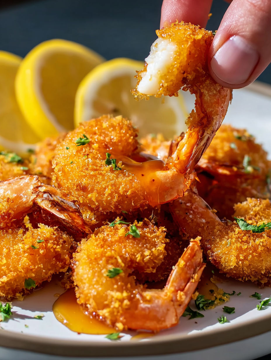 A person is eating some shrimp with lemon and honey.