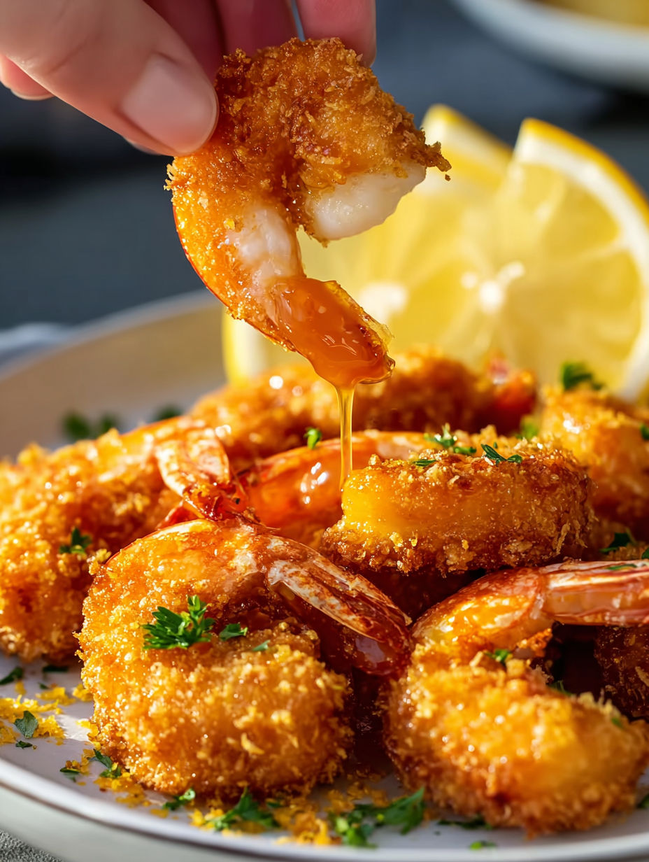 A person is dipping a piece of shrimp into a bowl of honey.