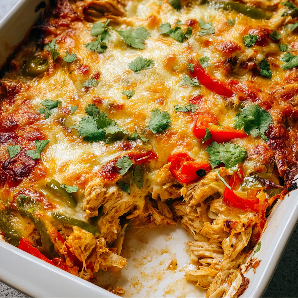 A casserole of chicken fajitas.