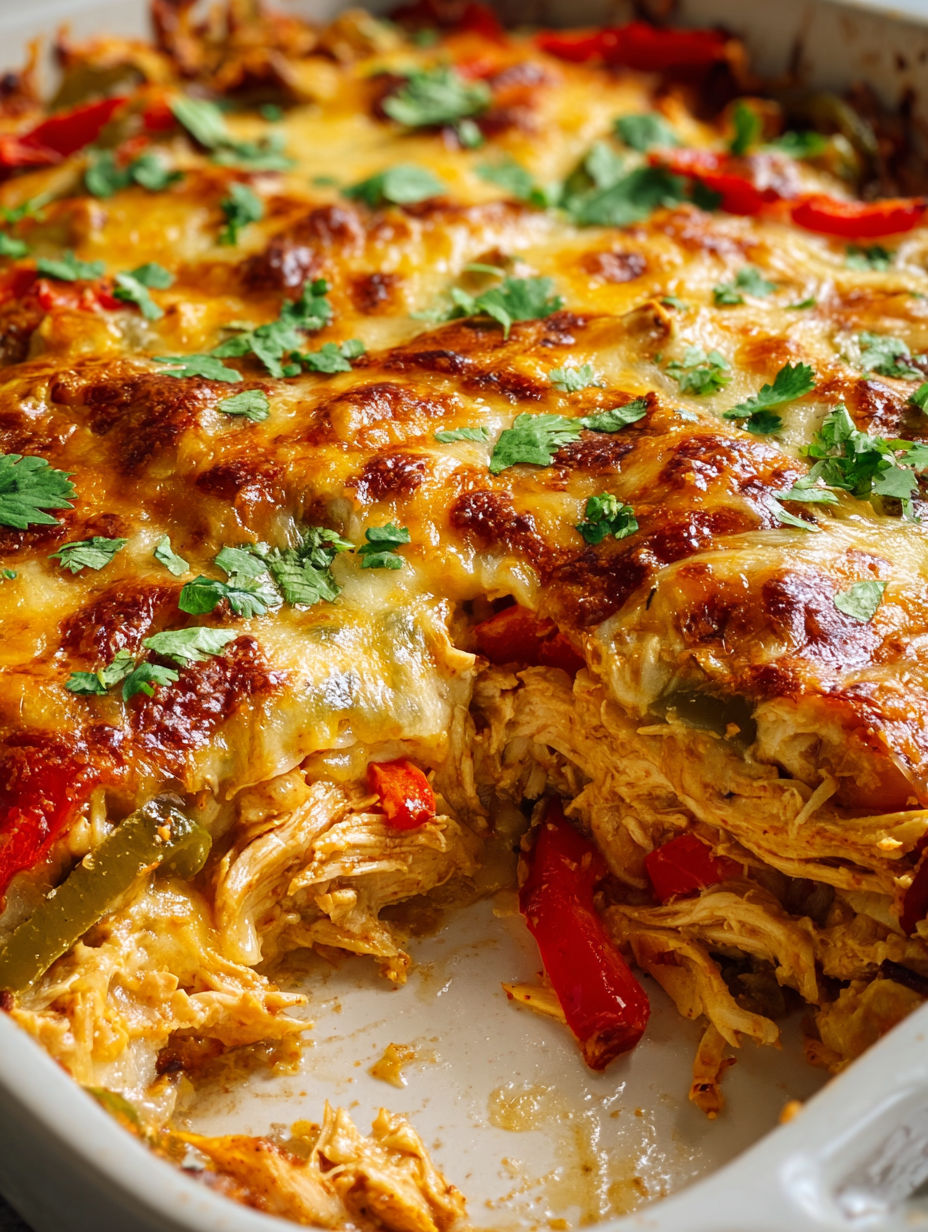 A close up of a chicken fajita casserole.