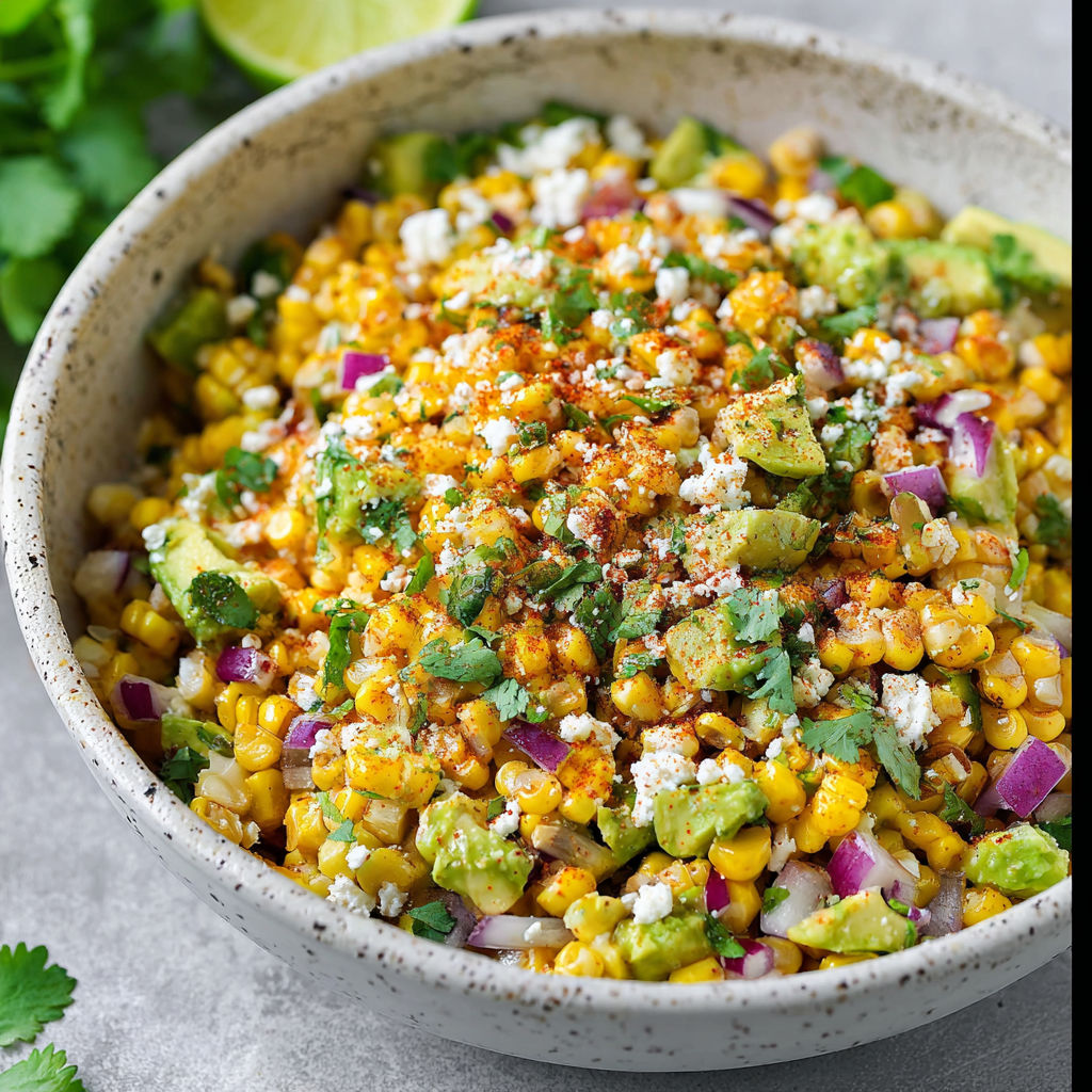 A bowl of Mexican street corn with avocado.